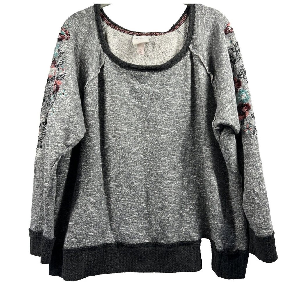 Knox Rose Women Top‎ XL Embroidered Floral Raw Edges Raglan Sleeve Pullover Gray